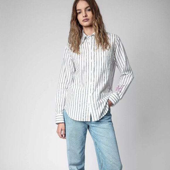 Zadig & Voltaire White Taskiz Pop Raye Strass Striped Shirt Sz M - Picture 1 of 16